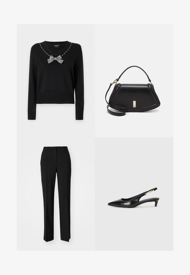 kate spade new york EMBELLISHED V NECK - Džemperis - black; Melnas pielāgotas bikses ar taisnu kāju dizainu, kas raksturojas ar gludu faktūru un asiem krokām pa priekšu. Nav redzamu metāla detaļu.; Melnas ādas slingback zābaki ar smailu purngalu, ar šauru papēdi un zelta krāsas akcentu uz regulējama siksniņas. Gluda tekstūra.; Melnas ādas roku soma ar struktūru, ar īsu formu, augšējo rokturi un zelta aksesuāriem. Iekļauta regulējama plecu siksna.