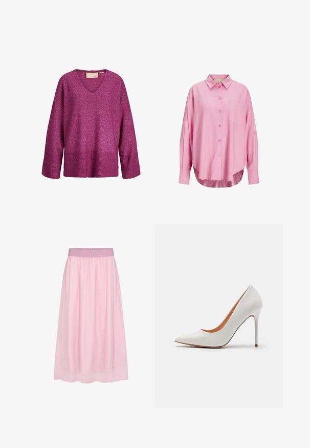 Zachte, lange mouwen paarse trui met een V-hals en geribde manchetten en zoom, weergegeven op een witte achtergrond.; Lichtroze overhemd met knopen, een kraag, lange mouwen, een enkel borstzakje en een licht gebogen zoom. De stof lijkt zacht te zijn.; Roze tule rok met een zachte, doorschijnende design. Heeft een elastische tailleband en een vloeiende silhouet, wat een gelaagd effect creëert.; Witte gepolijste leren hoge hakpump met een spitse neus en slanke stilettohak, met een gladde textuur en een beige interieur.