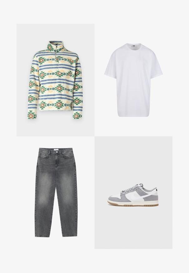 Jack & Jones JORIBIZA HALF ZIP - Flísová bunda - bright white; Biela bavlnená tričko s krátkymi rukávmi, okrúhlym výstrihom, uvoľneným strihom a žiadnymi viditeľnými logami alebo vzormi. Hladká textúra a minimálny dizajn.; Vysoké, voľné džínsy z vyblednutého čierneho denimu. Obsahujú päť vreciek, pútka na opasok a čistý, rovný strih nohavíc.; Sivé a biele tenisky s vrchom z semišu a kože, zaoblenou špičkou, plochými šnúrkami a gumovou podrážkou s akcentom vo farbe gumy.