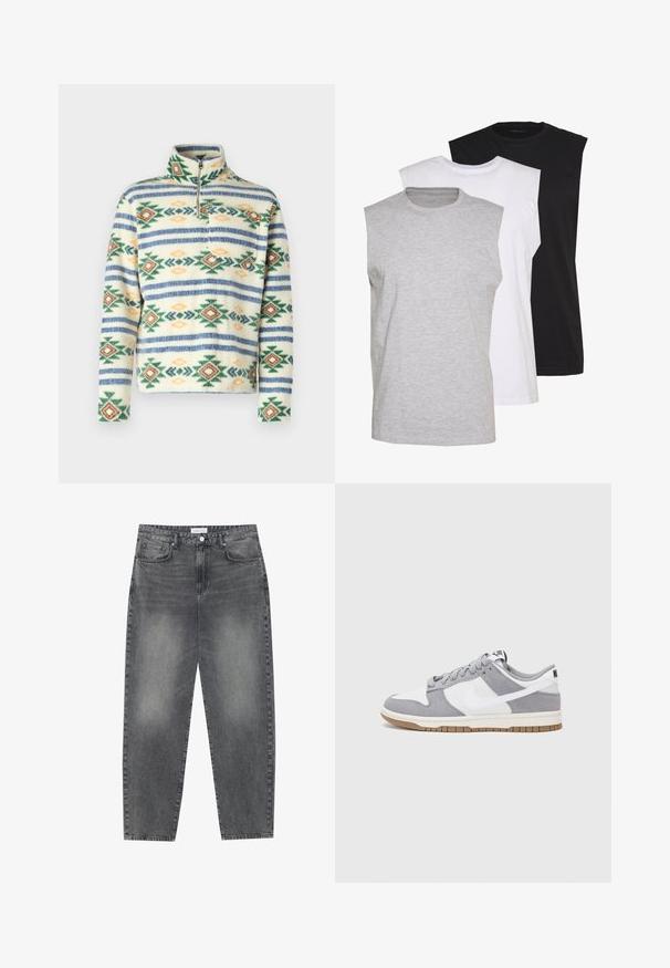 Jack & Jones JORIBIZA HALF ZIP - Fleecová mikina - bright white; Tři bezrukávové trička v šedé, bílé a černé barvě. Měkký bavlněný materiál s kulatým výstřihem a uvolněným střihem. Jednoduchý design, žádné vzory.; Kalhoty s vysokým pasem, volného střihu, vyrobené z vybledlého černého denimu. Mají pět kapes, poutka na opasek a čistý, rovný střih nohavic.; Šedé a bílé tenisky s svrškem z jemné kůže a kůže, kulatou špičkou, plochými tkaničkami a gumovou podrážkou s akcentem v barvě gumy.