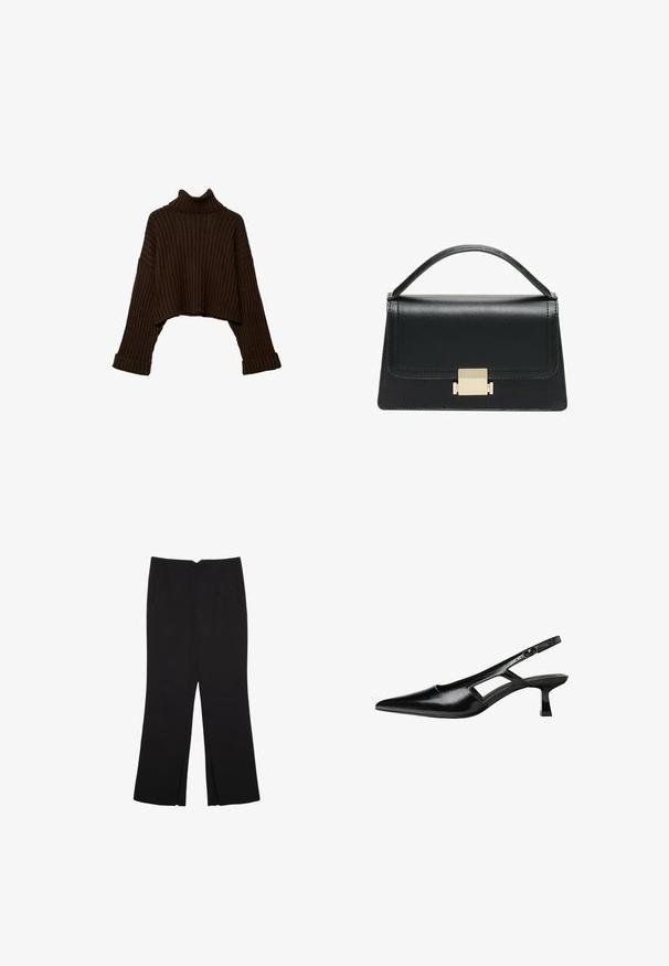 Hnědý zkrácený žebrovaný rolák s dlouhými rukávy a texturovaným pleteným vzorem. Má široké manžety a vypasovaný límec.; Černá tílko s tenkými nastavitelnými ramínky, s volným předním dílem a nabraným bočním detailem, vyrobené z lehkého materiálu.; Černé kalhoty s rovným střihem, s předními kapsami a bočními rozparky na lemu. Vyrobené z jemné, hladké tkaniny. Vhodné na různé příležitosti.; Černé lakované lodičky na podpatku se špičatou špičkou, výřezovým designem na boku a malým čtvercovým podpatkem. Hladká textura s minimálními akcenty.; Černá kožená kabelka se strukturovaným designem, horním uchopením a zlatým kovovým zapínáním na přední straně. Hladký povrch, minimální švy.