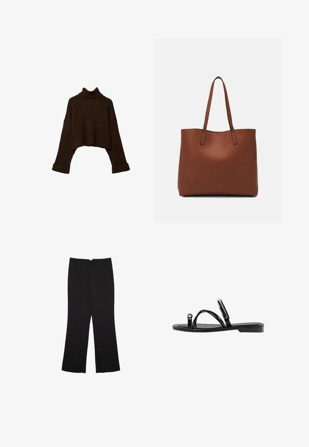 Rjav, kratko ovratnik pleten pulover z dolgimi rokavi in teksturiranim pletenjem. Ima široke manšete in prilagojen ovratnik.; Črne hlače ravnega kroja z naglavnimi žepi in stranskimi razporki na robu. Narejene iz mehke, gladke tkanine. Primerne za različne priložnosti.; Črne ravne sandale s sijajno končno obdelavo, tremi tankimi trakovi in okroglo kovinsko podrobnostjo na prstih. Elegantna zasnova z minimalnim peto.; Rjava usnjena torba z gladko teksturo, odprto zasnovo zgoraj in dvema naramnima trakovoma. Opremljena je z minimalnim šivanjem in brez vidnih kovinskih delov.