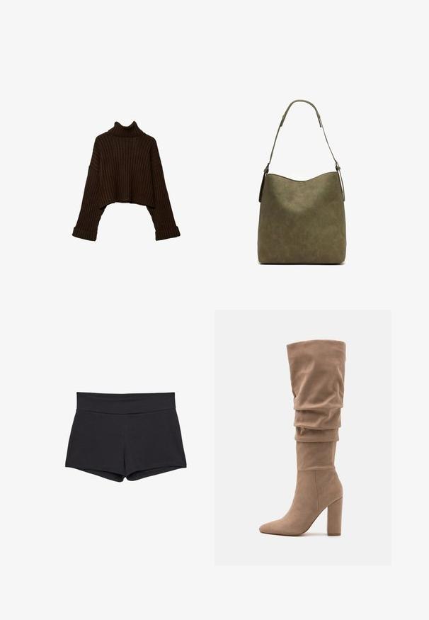 Ruskea, lyhennetty ribbikuvioinen korkeakauluksinen villapaita, jossa on pitkät hihat ja teksturoitu neulekuvio. Ominaisuuksiin kuuluu leveät hihansuut ja istuva kaulus.; Mustat, vyötäröltä kireät shortsit leveällä vyötärönauhalla, jotka on valmistettu pehmeästä ja joustavasta kankaasta. Helma on sileä, ilman näkyviä kiinnityksiä tai kuvioita.; Anna Field Saappaat - beige; MISAKO RITTE - Käsilaukku - green