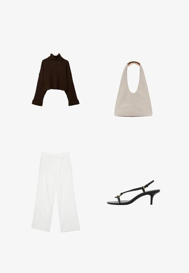 Ruskea, lyhennetty ribbikuvioinen korkeakauluksinen villapaita, jossa on pitkät hihat ja teksturoitu neulekuvio. Ominaisuuksiin kuuluu leveät hihansuut ja istuva kaulus.; Valkoiset leveälahkeiset housut, joissa on sileä rakenne, etutaskut ja klassinen vyötärö vyölenkeillä.; Mustat nahkakengät, joissa on kissankorko, ohuet hihnat, kultainen solki ja minimalistinen varvaslenkki valkoisella taustalla.; Vaalea harmaa nahkalaukku, jossa on U-muotoinen muotoilu ja kaareva metallikahva. Suora pinta, jossa on minimaalinen ompelu ja ei näkyviä kuvioita.