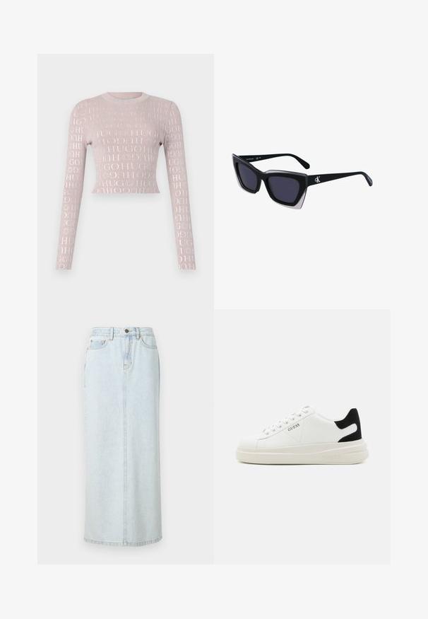 Maglione corto a maniche lunghe rosa chiaro a costine con un motivo logo lucido ripetuto in bianco. Collo rotondo, silhouette aderente.; Gonna maxi in denim leggero azzurro con design dritto, chiusura frontale a bottoni e cuciture a vista. Presenta due tasche anteriori.; Sneaker bianchi in pelle con suola spessa bianca, accento in suede nero sul tallone e logo impresso sul lato. Design con lacci e sei fori per i lacci.; Occhiali da sole oversize neri dalla forma geometrica, con lenti scure e un dettaglio grigio a contrasto sulla montatura. Logo sul braccio.