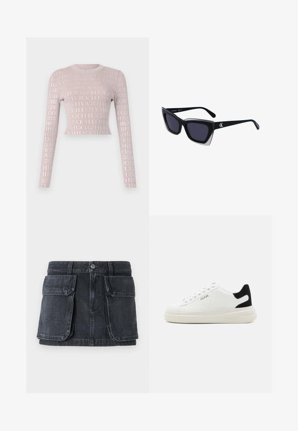 Pulover cropped cu mânecă lungă, de culoare roz pal, cu model striat și un desen glossy repetat în alb. Gât rotund, siluetă ajustată.; Fustă din denim negru cu talie ajustată, închidere cu nasturi, două buzunare mari în față și detalii de cusut contrastante.; Adidași din piele albă cu o talpă groasă albă, accent de călcâi din suede negru și logo embosat pe lateral. Design cu șireturi și șase orificii.; Ochelari de soare supradimensionați, negri, cu o formă geometrică, având lentile întunecate și un detaliu gri contrastant pe ramă. Logo pe braț.