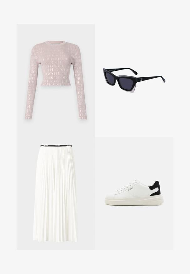 Világos rózsaszín ribbelt hosszú ujjú cropped pulóver, ismétlődő fényes logómintával fehér színben. Kerek nyakkivágás, testhezálló szabás.; Plisszírozott fehér szoknya fekete elasztikus derékkal, amelyen a "LACOSTE" logó található. Középhosszú kialakítás, puha tapintással.; Fehér bőr sportcipők vastag fehér talppal, fekete velúr sarokpikkelyel és dombornyomott logóval az oldalon. Fűzős kialakítás, hat fűzőlyukkal.; Fekete, nagyméretű napszemüveg geometrikus formával, sötét lencsékkel és kontrasztos szürke részlettel a kereten. Logó a szárán.