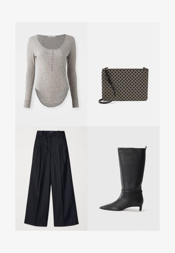 Bodysuit à manches longues en tissu gris doux, avec décolleté en cœur, fermeture à boutons et ourlet arrondi pour un ajustement confortable.; Pantalons noirs à jambes larges en tissu lisse, dotés d'une taille haute, de plis et d'une coupe ajustée. Quincaillerie noire simple à la taille.; Botte noire en cuir, montant jusqu'au genou, avec un bout pointu, accentuée par une sangle circulaire autour de la cheville et un petit talon effilé. Texture lisse.; Sac à main noir et beige à motif, de forme rectangulaire, avec un design en croix, une fermeture éclair et une bandoulière noire amovible.