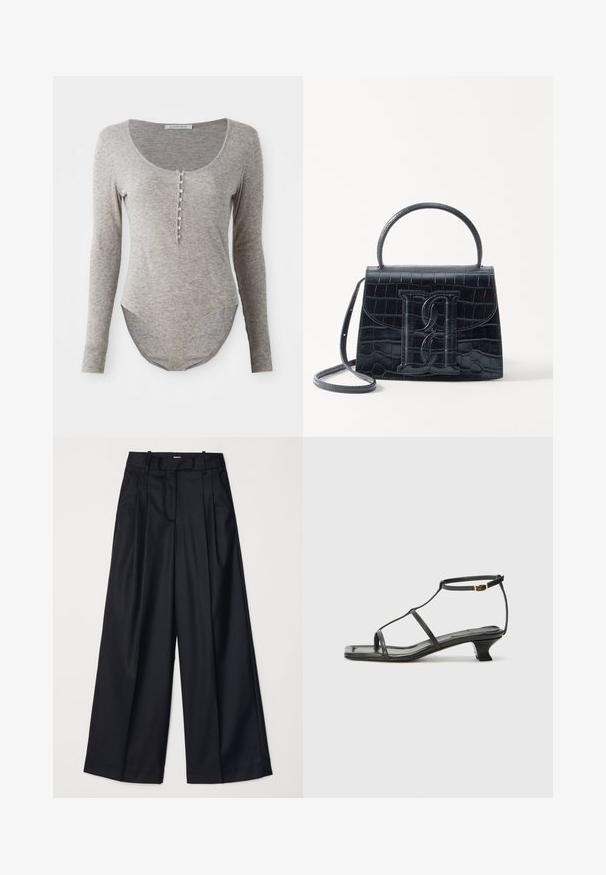 Bodysuit de manga larga en suave tela gris, con escote en forma de barco, cierre de botones y dobladillo curvado para un ajuste ceñido.; Pantalones de pierna ancha negros, confeccionados en una tela suave, con una cintura alta, pliegues y un diseño ajustado. Accesorios sencillos en negro en la cintura.; Sandal de cuero negro con punta cuadrada, correas delgadas, correa ajustable en el tobillo y un tacón bajo. Presenta un pequeño detalle dorado en la correa.; Bolso de mano de cuero negro con estampado de cocodrilo, diseño estructurado, asa superior, correa ajustable y un destacado detalle del logotipo en la parte frontal.