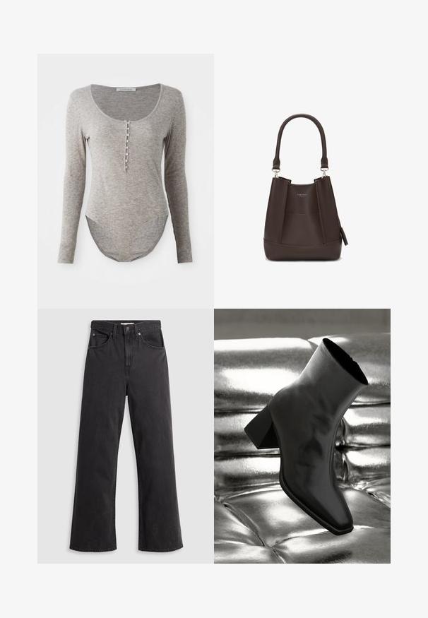 Lange mouw bodysuit van zacht grijs stof, met een ronde halslijn, knoopsluiting en een gebogen zoom voor een perfecte pasvorm.; Zwarte denim wijde-spijkerbroek met een hoge taille, vijf zakken en een metalen knoopsluiting. De stof heeft een gladde, licht vervaagde textuur.; Zwarte enkellaarsjes van glanzend materiaal met een vierkante neus en taps toelopende hak, afgezet tegen een glanzende zilveren gecapitonneerde achtergrond.; Carlheim ADALINE - Handtas - brown