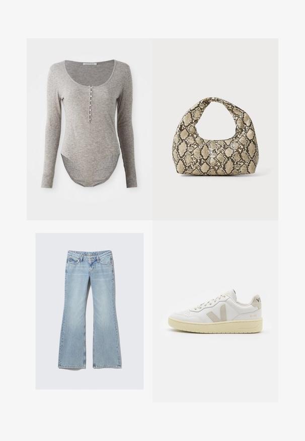 Body din material moale gri, cu mânecă lungă, decolteu rotund, închidere cu nasturi și tiv curbat pentru o potrivire strânsă.; Weekday NOVA - Blugi slim fit - lip blue; Pantofii sport din piele albă cu accente din suede bej, cutie pentru degete perforată, șireturi plate și o talpă texturată de crem. Prezintă branding subtil pe călcâi.; Geantă cu imprimeu de șarpe, având un mâner curbat. Fabricată din materiale texturate, bej și maronii, cu un model distinctiv în formă de diamant.