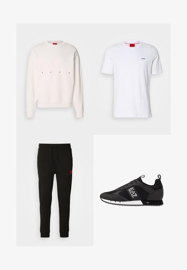 Vit sweatshirt med ribbad textur, avslappnad passform och rund hals. Har "HUGO" tryckt i svart på framsidan. Ribbad ärm- och fållkant.; Vit bomull t-shirt med korta ärmar, rund halsringning och liten svart "HUGO"-logotyp på vänster bröst. Har röd innerhals etikett.; Svarta sweatpants i mjukt material, med dragsko i midjan, slim fit och en röd logotyp på vänster lår.; EA7 Emporio Armani Sneakers - black/white