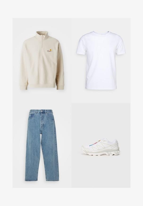 Pull en polaire beige avec une fermeture éclair quart, col haut et logo Carhartt brodé en jaune et marron sur la poitrine gauche.; T-shirt blanc à manches courtes en tissu de coton avec un col rond. Design simple sans motifs ni accents. Texture lisse.; Jean en denim bleu clair à taille haute, coupe décontractée, avec deux poches avant, une poche arrière plaquée et une fermeture à bouton.; Basket de sport blanche avec tige en mesh texturé, accents réfléchissants et semelle rembourrée. Logo de marque notable sur le côté.