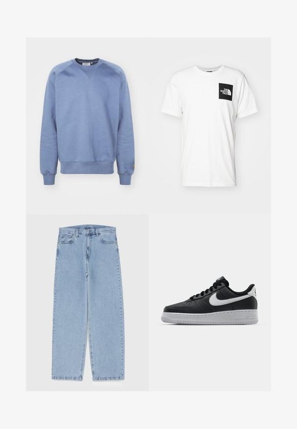 Carhartt WIP CHASE - Sweatshirt - positano/gold; Weißes Baumwoll-T-Shirt mit einer schwarzen Taschenoptik, die das "The North Face"-Logo in Weiß zeigt. Mit kurzen Ärmeln und einem Rundhalsausschnitt.; Hellblaue Jeans aus Denim mit geradem Bein, ausgestattet mit einer mittelhohen Taille, fünf Taschen sowie einem Knopf- und Reißverschluss.; Schwarze Ledersneaker mit strukturierten Oberflächen, weißem Nike-Swoosh, grauer Sohle, runder Zehenpartie und Schnürdesign. Verfügt über Perforationen an der Zehenbox.