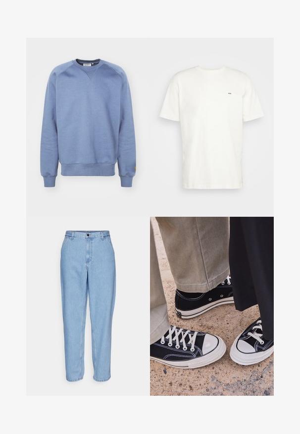 Carhartt WIP CHASE - Sweatshirt - positano/gold; White cotton t-shirt with crew neckline, short sleeves, and a small black "W.W." logo on the left chest. Smooth texture, regular fit.; Light blue denim jeans with a relaxed fit, high waist, and straight legs. Features front pockets and a metal button closure.; Black canvas sneakers with white rubber toe caps and laces. Contrast stitching and metal eyelets add detail. Worn with beige pants and black fabric.