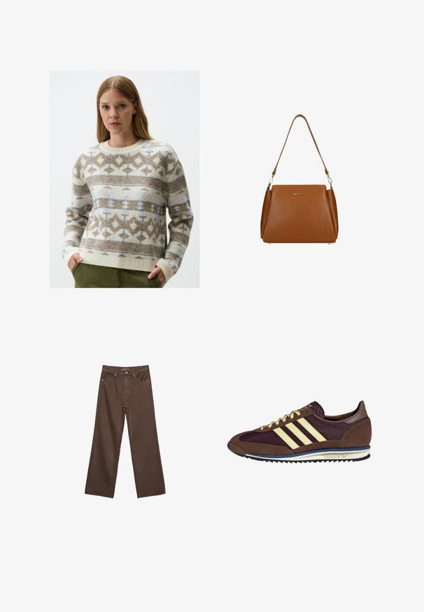 Sweter dzianinowy o kości słoniowej bazie z geometrycznymi wzorami w kolorze brązowym i niebieskim. Okrągły dekolt, ściągacze przy rękawach i u dołu, wykonany z miękkiego materiału.; Szerokie brązowe dżinsy wykonane z denimu, z wysokim stanem, przednimi kieszeniami i klasycznym zapięciem na guzik. Gładka faktura z subtelnym przeszyciem.; Brązowe i burgundowe sneakersy wykonane z zamszu i siateczkowych materiałów, z trzema kremowymi paskami, teksturowanym materiałem na języku i gumową podeszwą.; Brązowa skórzana torebka z teksturowaną powierzchnią, z pojedynczym paskiem na ramię i subtelnym logo z przodu. Charakteryzuje się usztywnioną konstrukcją.