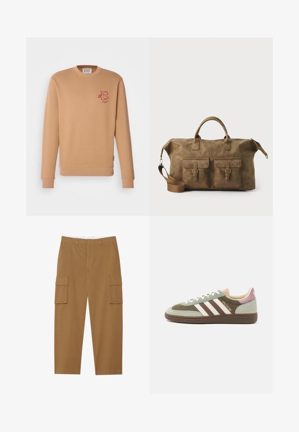 Felpa beige a girocollo realizzata in morbido cotone. Presenta un piccolo logo rosso sul lato sinistro del petto e polsini e orlo a coste.; Pantaloni cargo marroni con due tasche laterali, fronte piatto e taglio dritto. Realizzati in un tessuto durevole con una texture liscia.; Sneaker in suede e tessuto verde, marrone e beige con tre strisce bianche. Presenta un'accente rosa chiaro sul tallone e una suola testurizzata.; Borsa da viaggio in pelle marrone con due tasche frontali, tracolla regolabile, hardware dorato e manici superiori robusti. Texture liscia.