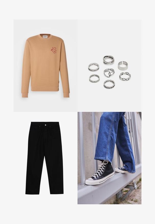 Sweatshirt beige à encolure ras du cou en coton doux. Présente un petit logo rouge sur la poitrine gauche et des poignets et un ourlet côtelés.; Pantalons en denim noir avec une coupe droite, un design à cinq poches et une fermeture à bouton à l'avant. Texture lisse avec des détails de couture minimaux.; Baskets montantes noires avec semelle et lacets blancs, associées à un jean en denim bleu décontracté, reposant sur un garde-corps gris.; Ensemble de sept bagues en argent présentant divers designs, notamment des motifs torsadés, entrelacés et gravés. Différentes formes et largeurs.