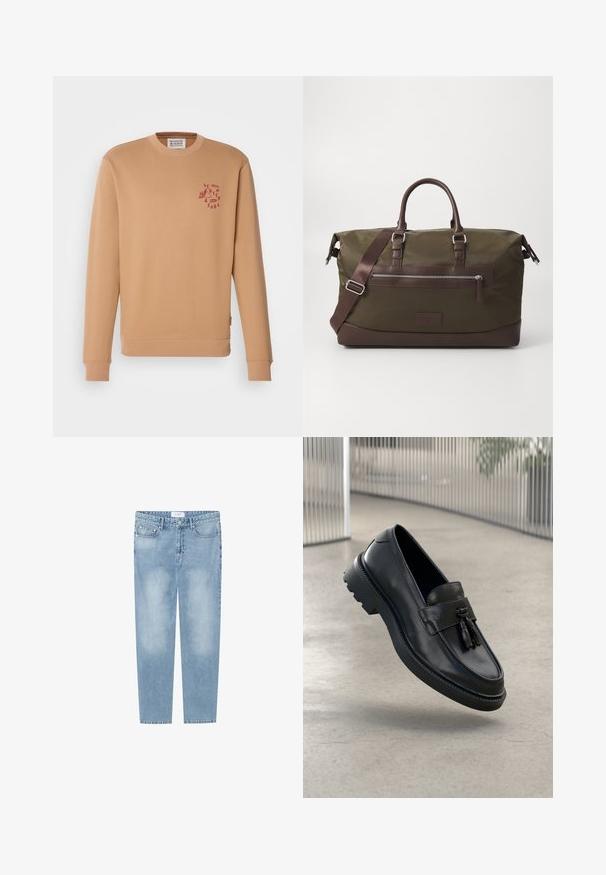 Beige crewneck sweatshirt made of soft cotton material. Features a small red logo on the left chest and ribbed cuffs and hem.; Light blue straight-leg jeans made of denim. Features a five-pocket design, faded areas, and a label at the waistband. No embellishments.; Black leather loafers with a smooth finish, decorative tassel, thick rubber sole, and stitched accents. Lightweight and sleek design.; Canvas duffel bag in olive green with brown leather accents, featuring dual handles, a detachable shoulder strap, and a front zipper pocket.