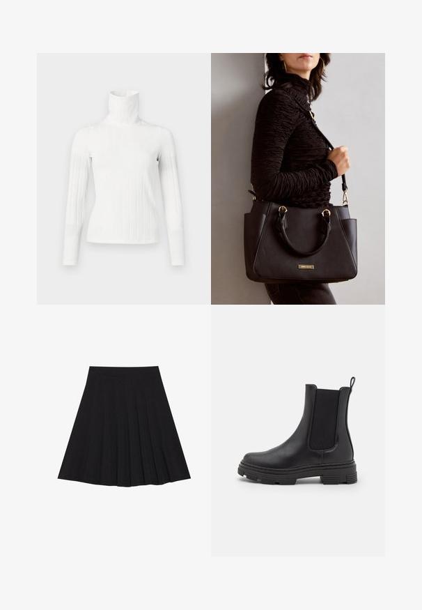 Bílý žebrovaný rolák se dlouhými rukávy, s vysokým límcem a hladkou texturou. Střih je štíhlý a přiléhavý.; Černá plisovaná sukně vyrobená z texturované látky s dobře padnoucím pasem. Délka sukně je ke kolenům a má hladký, jednoduchý siluetu.; Černá kožená kotníková bota s elastickými bočními panely, zaoblenou špičkou a texturovanou gumovou podrážkou. Má smyčku na zadní části pro snadné obouvání.; Černá kabelka s texturovaným povrchem, dvojitými horními uchy a nastavitelným ramenním popruhem. Obsahuje zlaté kovové prvky a boční kapsy.
