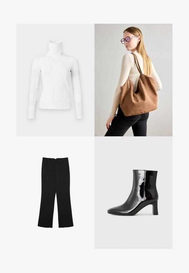 Maglione bianco a collo alto con maniche lunghe, caratterizzato da un colletto alto e una texture liscia. La vestibilità è aderente e slanciata.; Pantaloni neri a gamba dritta, con tasche frontali e spacchi laterali all'orlo. Realizzati in tessuto morbido e liscio. Adatti a diverse occasioni.; Stivaletto in pelle verniciata nera con punta a punta e tacco a blocco di altezza media. Texture liscia e design minimalista.; Borsa a tracolla in suede marrone con texture morbida, ampia apertura e lunghe cinghie. Caratterizzata da un design semplice con cuciture visibili e senza accessori.