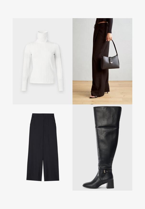Bela rebrasta turtleneck pulover z dolgimi rokavi, ki ima visok ovratnik in gladko teksturo. Prileganje je elegantno in oprijeto.; Široke hlače iz temno modrega materiala, z gladko teksturo, sprednjimi gubami in dekorativnimi zlatimi kopčami na stranskih žepih.; Črne usnjene škornje do kolen z blok peto in okrasnim trakom z zlatim sponko nad gležnjem, stranski pogled na beli ozadju.; Črna torbica z strukturirano obliko, gladko teksturo in kovinskim zaponko. Ujemajo se z širokimi črnimi hlačami in odprtimi sandali na lesenem tleh.