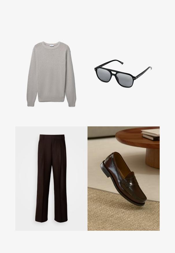 Hellgrauer Strickpullover mit Rundhalsausschnitt, langen Ärmeln und gerippten Bündchen und Saum, schlichtes Design, Größe L.; Braune maßgeschneiderte Hose mit geradem Bein, versehen mit einer vorderen Falte, glatter Textur und klassischem Bund. Geeignet für formelle Anlässe.; Braune Leder-Lederschuhe mit glänzender Oberfläche, die eine gestickte Detail entlang der Vorderseite und eine niedrigprofilierte schwarze Gummisohle aufweisen.; Schwarze Sonnenbrille mit rechteckigen Rahmen, grauen getönten Gläsern und einer Aussparung im Nasensteg. Schlanker, glänzender Kunststoff, mit schmalen Bügeln.