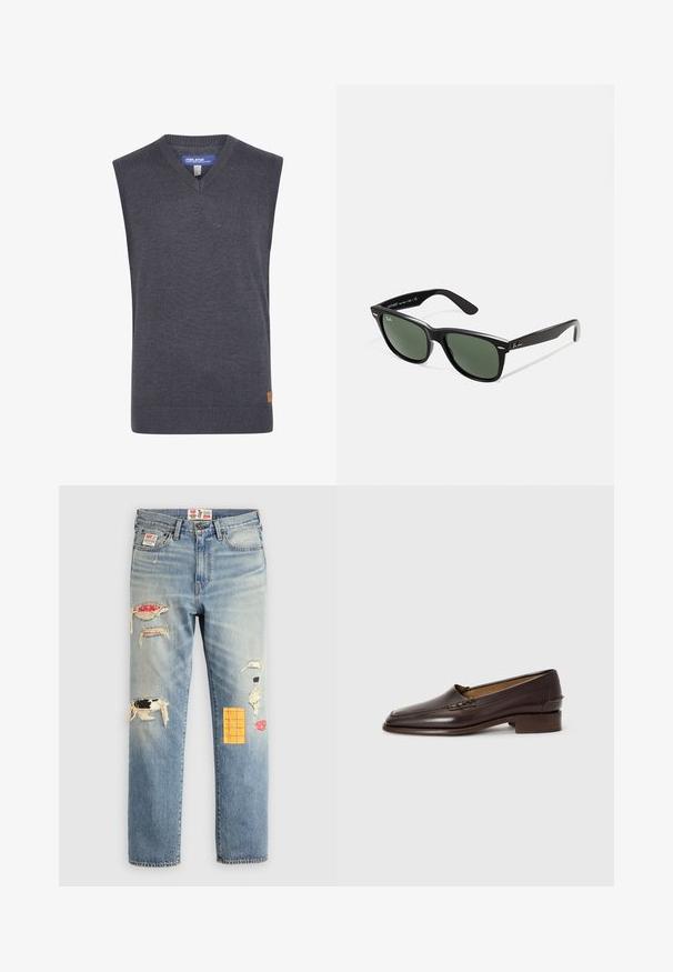 Grå ærmeløs sweater med v-hals, lavet af et glat strikket stof. Har en ribbet kant og et lille logo-patch på siden.; Hvid langærmet t-shirt med rund halsudskæring, lavet af blødt stof, med en afslappet pasform og uden synlige logoer eller mønstre.; Lysblå denimjeans med en afslappet pasform, prydet med slidte lapper i forskellige farver og mønstre, herunder orange og røde accenter.; Brune læder loafers med en let spids toe, lav stablet hæl og dekorativ syning på overdelen. Glat tekstur, minimalistisk design.; Sorte plastiksolkaber med grønne linser, firkantede stel, sølvaccent på brynene og teksturerede templede arme. Angivet mærke på den indre arm.