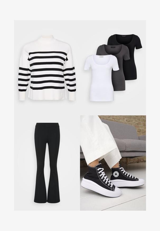 Juodai baltas dryžuotas megztinis su aukštu kaklu, suglebusiais rankovėmis ir laisvu siluetu. Minkšta, nertinė tekstūra su vienodais horizontaliais raštais.; Trys priderinti marškiniai: balti, pilki ir juodi. Kiekvienas turi plačią apvalią iškirptę ir trumpas rankoves. Pagaminti iš lygaus, tamprių audinio.; Juodai platėjantys kelnių, pagamintų iš tamprių medžiagų, kurie turi aukštą juosmenį ir lygią tekstūrą. Kelnės platėja nuo kelio.; Juodi aukštakulniai sportbačiai su baltais guminiu padu ir raišteliais. Ant jų yra apvalus logotipo lopas ir kontrastingos baltos siūlės. Pagaminti iš drobės medžiagos.