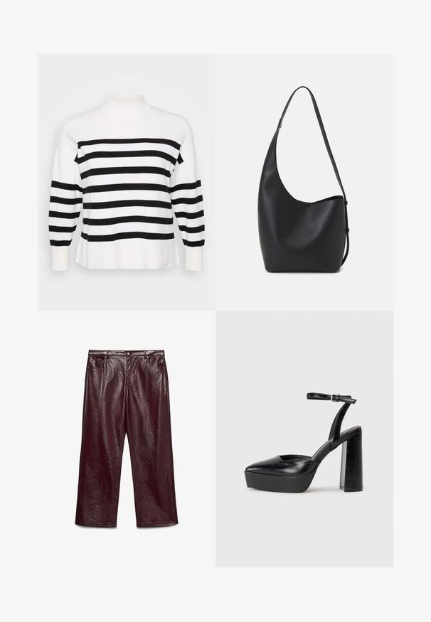 Mustvalge triibuline sviiter kõrgema kaelusega, soonikute mansettide ja vabalt istuva lõikega. Pehme, kootud tekstuur ühtlaste horisontaalsete mustritega.; Burgundia faux nahkast laiad püksid, millel on läikiv tekstuur, viis taskut ja hõbedased detailid.; Mustad platvormi kontsad terava ninaga ja reguleeritava pahkluuraamiga. Valmistatud siledast nahast, funktsioneerib massiivse plokknäheeliga.; Mustast nahast hobo kott, millel on sile tekstuur, kumer kuju ja üks reguleeritav rihm; peal on lai avaus.
