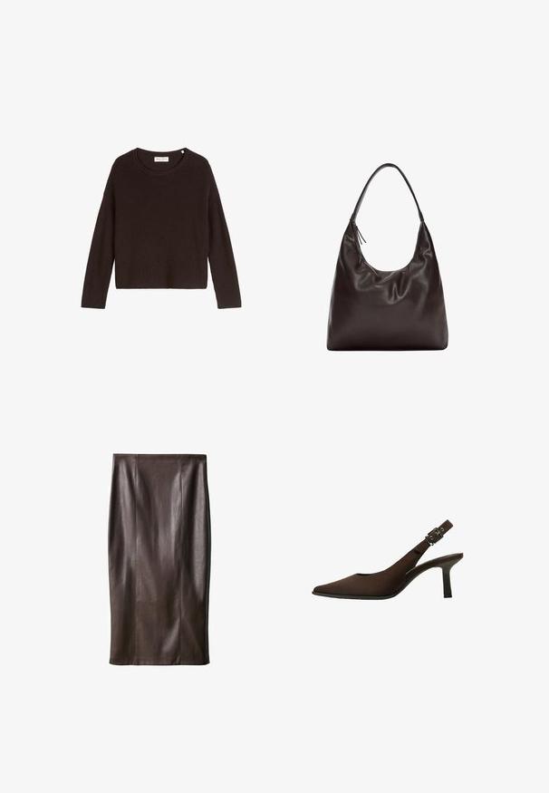 Pulover negru din tricot cu nervuri, cu decolteu rotund și mâneci lungi. Are o croială lejeră și o suprafață texturată. Eticheta: Mare O'Polo.; Fustă tip creion din piele maro, cu o textură netedă, până la genunchi, având cusături verticale pentru design. Fără accesorii sau detalii suplimentare.; Pantofi slingback din suede maroniu, cu vârf ascuțit, design elegant, toc subțire și un accent cu cataramă pe curea.; Geantă de umăr din piele maro, cu un design moale și lejer. Geanta are o curea lată și o formă minimalistă, completată de o textură subtilă.