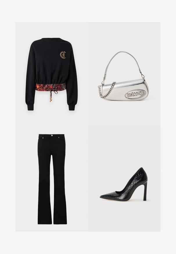 Musthave mustaga, mille pikkade varrukatega, ribatud paeltega ja brodeeritud logoga. Omab elastset, mustrilist vöökohta punase ja oranži tooni kombinatsioonis.; Must muströöp, mis on valmistatud säravatest materjalidest, pikad varrukad ja kõrge kaelus. Omab ribatud äärt musta "JUST CAVALLI" logoga.; Mustad teksased, millel on flared lõige, kaks esi-taskut, nööbiga kinnitamine ja sile tekstuur. Tootemärgistus on nähtav õmblustes.; Mustan teravaotsaga kõrge kontsaga king, millel on krokodillimustriga tekstuur, stiilne disain, kõrge stilettokonts ja sile must sisesisustus.; Hõbedane metallist käekott, millel on ümar kolmnurkne kujundus, millel on logo, kettrihm ja sile tekstuur. Küljel on lukuga sulgur.