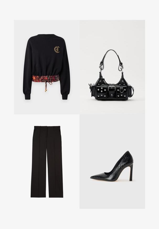 Juodas džemperis ilgomis rankovėmis, su tinklinėmis apykaklėmis ir siuvinėtu logotipu. Jame yra elastingas, raštuotas juosmuo raudonos ir oranžinės spalvų tonais.; Juodos pritaikytos kelnės, pagamintos iš lygaus audinio, su tiesiomis kojomis ir dviem šoniniais kišenėmis. Elegantiška ir minimalistinė konstrukcija.; Juoda smailiakulnė aukšto kulno bateliai su krokodilo odos tekstūra, pasižymintys elegantišku dizainu, aukštu stiletu kulnu ir lygia juoda vidine dalimi.; Juodas odinis rankinukas su kreiviu dizainu, su sidabro spalvos knopkėmis, užsegimu ir dviem šoninėmis kišenėmis. Reguliuojama dirželis nešimui.
