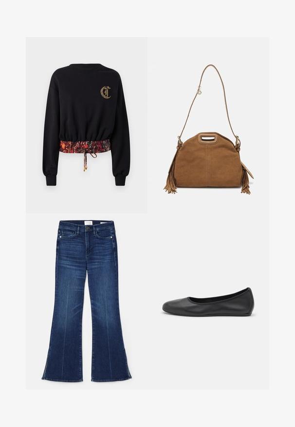 Black sweatshirt with long sleeves, ribbed cuffs, and embroidered logo. Features an elasticized, patterned waistband in red and orange tones.; Dark blue flared jeans made from denim. Features a high waist, front pockets, and slit details at the hem. Classic five-pocket design.; Black leather ballet flat with a rounded toe, smooth texture, minimal stitching detail, and a flexible sole design.; Maje Cross body bag - camel