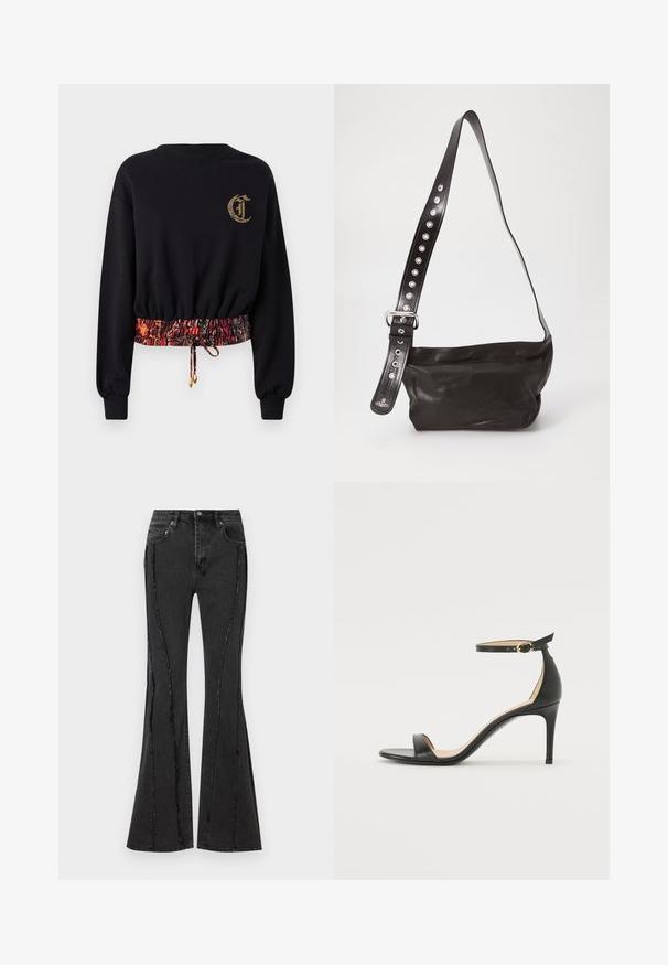 Černá mikina s dlouhými rukávy, žebrovanými manžetami a vyšitým logem. Má elastický pás s vzorem v červených a oranžových tonech.; Černé džíny s rozšířenými nohavicemi, se stylovým poškozením a viditelnými švy. Mají pět kapes a zapínání na knoflík v pase.; Černá kožená sandálová bota na vysokém podpatku s páskem kolem kotníku. Vyznačuje se hladkým povrchem, otevřenou špičkou a tenkým podpatkem. Detail v zlatém tónu na sponě.; Černá kožená crossbody taška s texturačním povrchem, vybavená širokým nastavitelným popruhem zdobeným stříbrnými nýty a kovovou sponou.