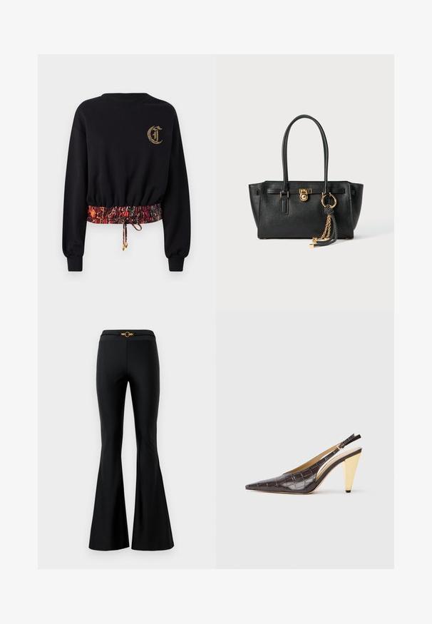 Sort sweatshirt med lange ærmer, ribbede manchetter og broderet logo. Har en elastisk, mønstret talje i røde og orange nuancer.; Sorte flagrende bukser med en glat tekstur, der har en tætsiddende talje og et guldrundt detaljer foran. Lavet af strækbart materiale.; Spids-tå slingback hæl i mørkebrun blank fake krokodillelæder. Har en guldfarvet geometrisk hæl og justerbar ankelrem.; Sort læder skuldertaske med dobbelte håndtag, guld lås og kædedetalje samt sort-hvid kvast tilbehør mod hvid baggrund.
