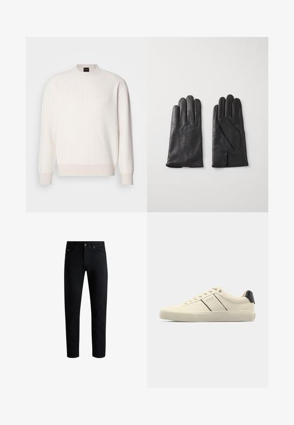 Pull blanc à côtes, avec un col rond et des manches longues. Il présente un tissu texturé avec une finition douce et de subtils lignes horizontales.; Jeans slim noirs avec cinq poches, fermeture à bouton et passants de ceinture, présentés sur un fond blanc.; Baskets de couleur crème avec une texture lisse, dotées d'accents et de marquage noirs. Design classique à lacets avec un bout rond et une semelle en caoutchouc.; Gants en cuir noir à cinq doigts, avec des coutures décoratives. L'intérieur est doublé d'un tissu doux et présente un design avec un doigt index ouvert.