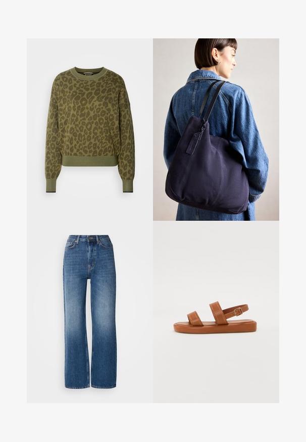 Scotch & Soda RELAXED - Pullover - khaki; Jeans en denim bleu à taille haute et jambes larges avec un lavage dégradé, des coutures cuivrées, une fermeture à bouton à l'avant et cinq poches.; Sandales en cuir marron avec deux larges brides et une bride arrière, dotées d'une semelle plate avec des détails de couture subtils et une boucle en métal.; Sac à épaule en toile navy avec une forme douce et structurée, doté d'une sangle noire, de détails cousus et d'une petite étiquette de marque.