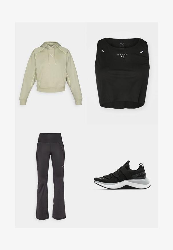 Lys grøn cropped hettegenser med gule sømdetaljer, kengurulomme og en liten hvit logo på brystet. Myk stofftekstur.; Svart cropped tanktop laget av teksturert stoff, med rund hals, hvit logo og to små reflekterende detaljer på skuldrene.; Svarte flared treningsbukser med høy midje, elastisk stoff, med en brodert hvit merkevarelogo og subtile sømdetaljer.; Sorte treningssko med en teksturert overdel, elastiske stropper og en tykk hvit mellomsåle. Har en grå aksent langs sålen.