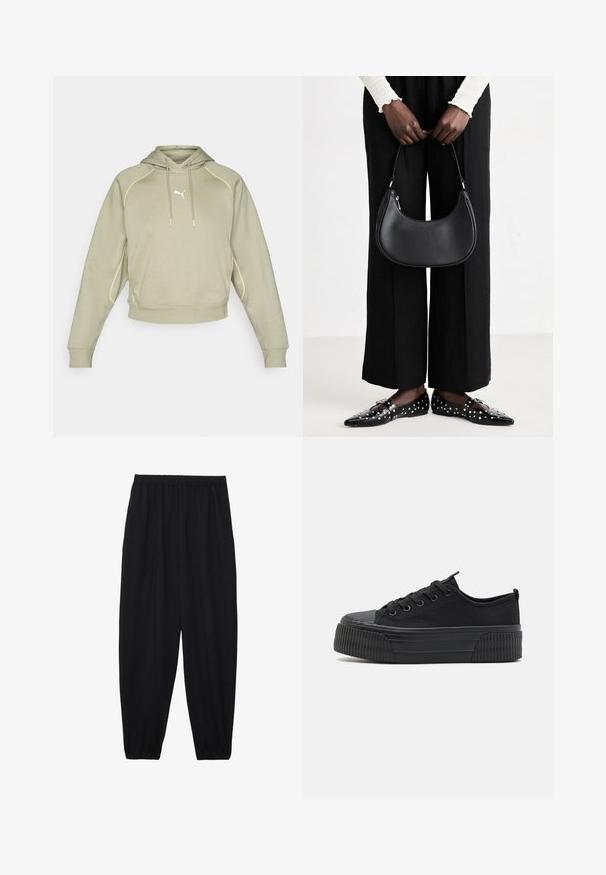 Hoodie curto verde claro com acabamentos de costura amarela, bolso canguru e um pequeno logotipo branco no peito. Textura de tecido suave.; Calças pretas, leves, com um cinto elástico e punhos franzidos. O tecido é suave e apresenta um design relaxado e afunilado.; Tênis de lona pretos com sola de borracha estriada, bico arredondado e seis ilhós. Textura suave com um detalhe ribete contrastante na parte inferior.; Bolsa de ombro de couro preta com forma arredondada, acabamento brilhante e ferragens prateadas. Pessoa vestindo calças largas pretas e mocassins com tachas.