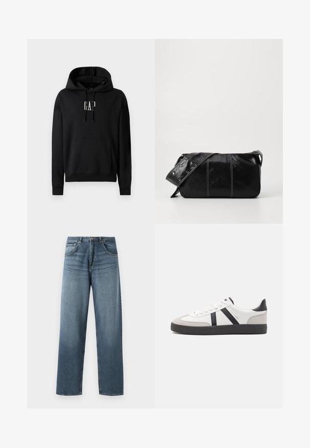 Schwarzer Kapuzenpullover aus Fleece-Material, mit einer frontalen Tasche, gerippten Bündchen und einem weißen "GAP"-Logo auf der Brust.; Gerade geschnittene blaue Jeans aus Denim mit gewaschenem Finish, ausgestattet mit einem Fünf-Taschen-Design, Metallknopf und Gürtelschlaufen. Robustes, mittelschweres Material.; Weiße Sneaker mit schwarz- und grau-aczenten, ausgestattet mit einer strukturierten grauen Zehenkappe, schwarzer Gummi-Sohle und flachen weißen Schnürsenkeln. Sauberes Design, minimalistische Stil.; Schwarze Leder Schultertasche mit Reißverschluss, ausgestattet mit einer strukturierten Oberfläche, weißen Nähten und einem Tragegurt mit silbernen Ösen.
