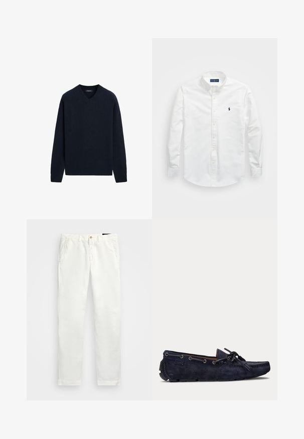 Marineblauwe ribgebreide trui met V-hals, lange mouwen en een ontspannen pasvorm. Zachte textuur met minimale details.; Witte button-up shirt van katoen. Voorzien van een puntige kraag, lange mouwen en een klein marineblauw logo op de borst. Gladde textuur.; Witte katoenen chinos met een rechte pijpdesign, voorzien van zijzakken, een enkele knoopsluiting en een gladde textuur.; Marineblauwe suède mocassin met veterdetail, rubberen zool en contrasterende stikaccenten. Ontworpen voor casual gebruik met een lage profiel.
