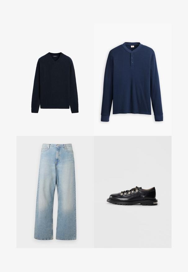 Maglione a coste blu navy con scollo a V, maniche lunghe e vestibilità rilassata. Texture morbida con dettagli minimi.; Maglietta henley a maniche lunghe di colore blu navy realizzata in tessuto a coste. Caratterizzata da un colletto rotondo e una placca con tre bottoni. I polsini sono aderenti.; Jeans a gamba larga di un blu chiaro realizzati in denim, con vita alta, tasche frontali e una finitura sbiadita con leggere sfumature all'altezza delle cosce.; Scarpa in pelle nera a taglio basso con suola spessa, occhielli in metallo, pendagli decorativi argentati sui lacci e battistrada testurizzato sulla suola.