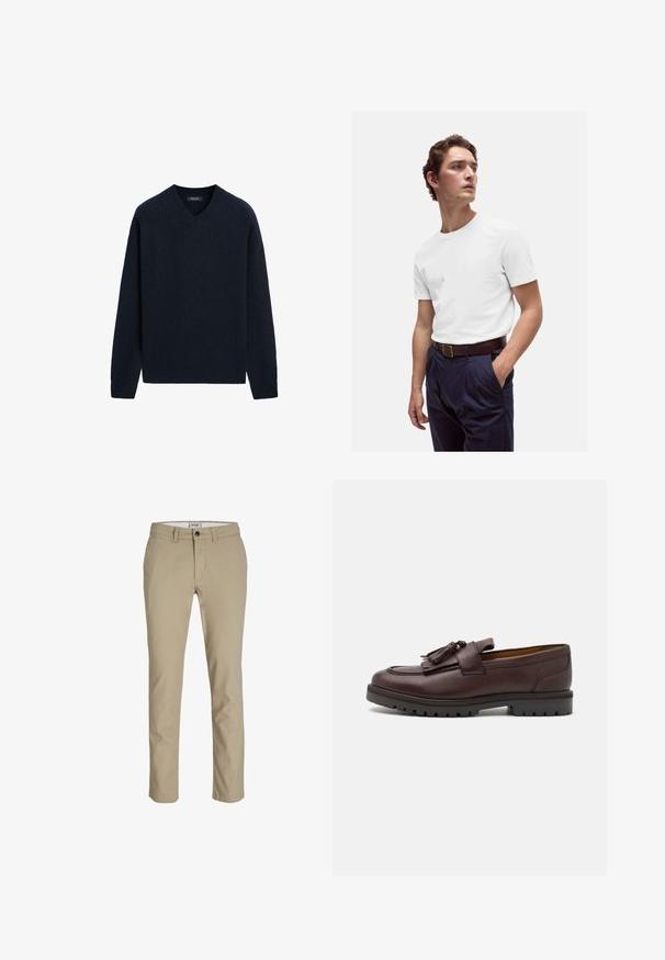 Navyblaues, geripptes Strickpullover mit V-Ausschnitt, langen Ärmeln und einer lockeren Passform. Weicher Stoff mit minimalen Details.; Weißes Baumwoll-T-Shirt mit rundem Ausschnitt, kombiniert mit navyblauen, gefalteten Hosen und einem braunen Ledergürtel mit goldener Schnalle.; Beige Baumwollhose mit Slim-Fit, ausgestattet mit einem Reißverschluss, Knopfverschluss und vier Taschen. Glatte Textur, keine Muster oder Akzente.; Zign Business-Slipper - brown