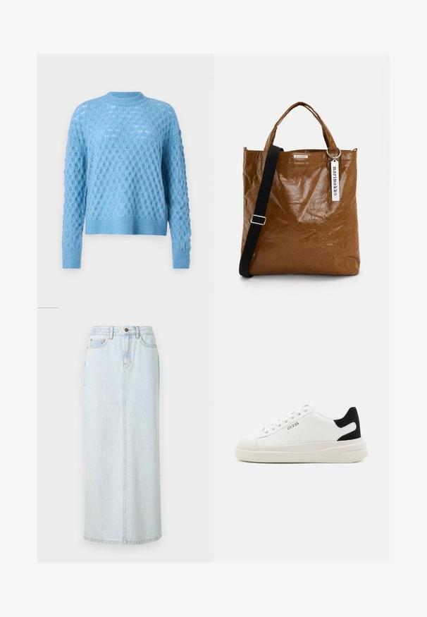 Pull en tricot bleu clair avec un motif de losanges texturé, col rond et manches longues. Les poignets et l'ourlet côtelés ajoutent du détail.; Jupe maxi en denim bleu clair avec un design droit, fermeture à boutons sur le devant et couture visible. Elle comporte deux poches avant.; Baskets en cuir blanc avec une épaisse semelle blanche, un accent en daim noir au niveau du talon et un logo embossé sur le côté. Design à lacets avec six œillets.; Sac fourre-tout en papier brun avec finition texturée, poignées robustes et une sangle noire réglable. Comprend un anneau métallique circulaire et une étiquette.
