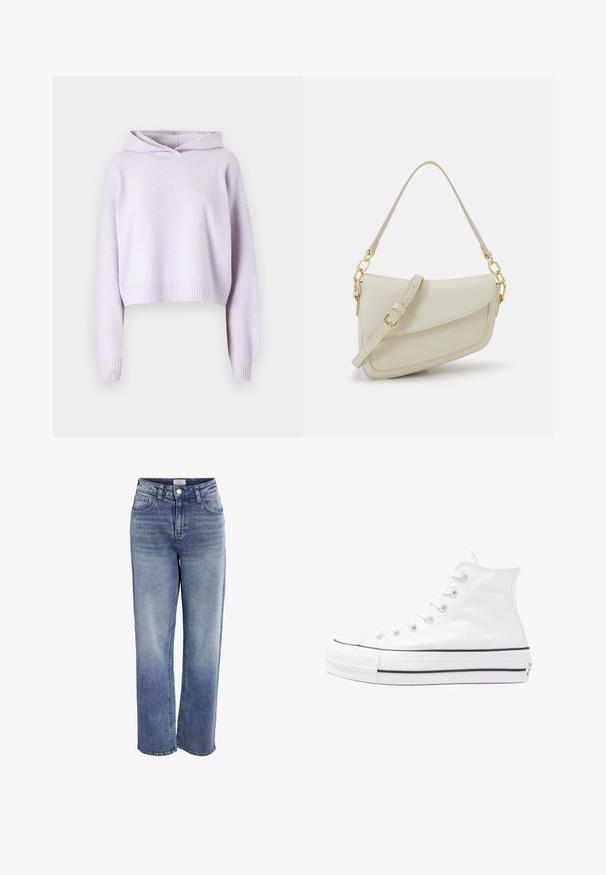 Lavender cropped hoodie made of soft fabric. Features a drawstring hood, loose fit, and ribbed cuffs and hem. Textured finish throughout.; Light blue denim wide-leg jeans with a high waist, front pockets, and a zipper fly. Features a faded wash and raw hem at the ankles.; White high-top canvas sneaker with black rubber sole, front rubber toe cap, and six eyelets for laces, featuring a clean, minimalist design.; Small cream handbag with a textured finish, a long adjustable strap, a chain accent, and a flap closure. Gold hardware detailing.