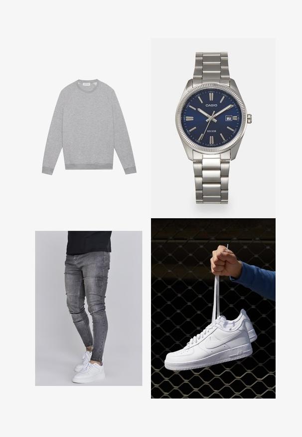 Svetlo šedý dlhý rukáv sveter s kulatým výstrihom, s rebrovanými manžetami a lemom, zobrazený na rovnom pozadí.; Chudé džínsy v bledom šedom denime s obnosnými detailmi na kolenách, skombinované s bielymi teniskami. Hladká textúra, úzky strih.; Biele kožené tenisky s perforáciami, okrúhlou špičkou, plochou podrážkou a hrubými šnúrkami, pričom majú viditeľné logo swoosh a nápis "AIR" na päte.; Strieborné nerezové hodinky s modrým ciferníkom, kovovými hodinovými značkami a dátumovým oknom na 3. hodine. Vodotesné do hĺbky 50 metrov.