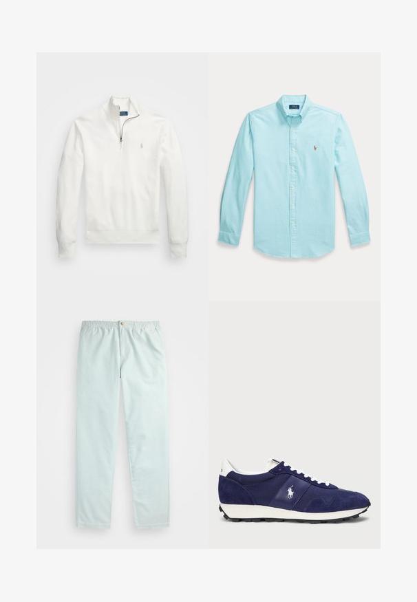 Hvit halv-zip genser laget av teksturert stoff. Har lange ermer, ribbestrikkede mansjetter og en liten logo på venstre bryst.; Lyseblå langermet skjorte med knappestolpe og knappet krage, med liten brodert logo på venstre bryst.; Lyseblå, avslappede bukser med elastisk linning, med sidelommer og en enkelt knappelukking foran.; Marineblå sneakers med en kombinasjon av semsket skinn og stoff, hvite snøringer, såle av gummi, og en liten logo på siden.