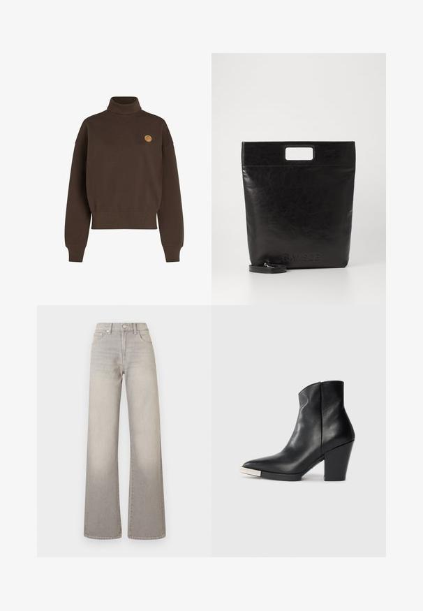 Brauner Sweatshirt mit hohem Kragen und strukturiertem Finish. Mit überschnittenen Schultern und einem kleinen, beigen, runden Logo auf der Brust. Rippbündchen und -saum.; Graue weit geschnittene Jeans mit einem verblassten Finish, Knopfverschluss, fünf Taschen und gestickten Details entlang der Nähte.; Schwarze Lederknöchelstiefel mit spitzer Zehenform, hohen Blockabsätzen und silberner Kappenverzierung. Glatte Textur und einfaches Design.; Schwarze Leder-Tote-Tasche mit einem quadratischen Griff, ausgestattet mit einer strukturierten Oberfläche und geprägtem Logo. Inklusive abnehmbarem Tragegurt.