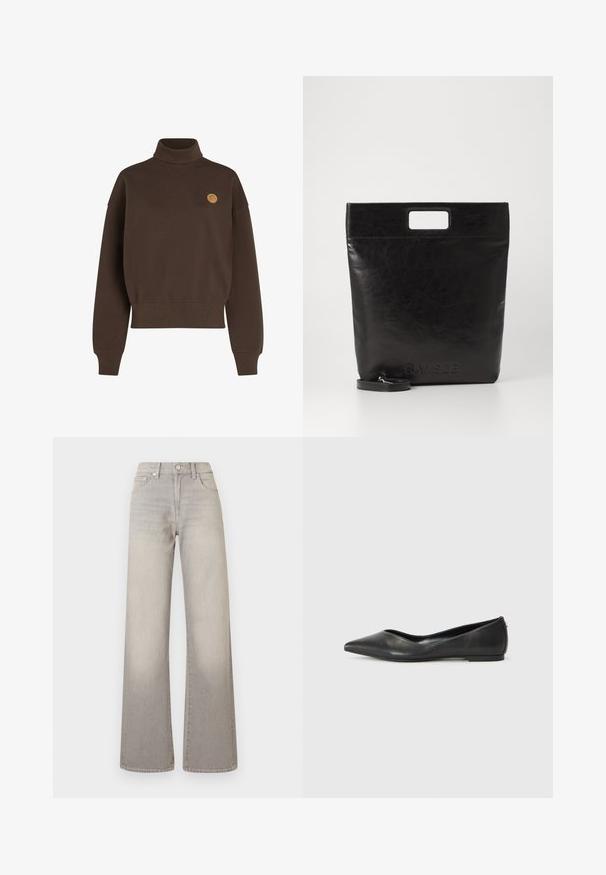 Felpa marrone a collo alto con finitura testurizzata. Presenta spalle scese e un piccolo logo circolare beige sul petto. Polsini e orlo a coste.; Jeans grigi larghi con finitura sbiadita, chiusura con bottone, design a cinque tasche e cuciture decorative lungo le cuciture.; Ballerine in pelle nera con punta affusolata, tacco basso e texture liscia. Design minimale con un sottile dettaglio laterale.; Borsa tote in pelle nera con manico quadrato, caratterizzata da una finitura testurizzata e logo impresso. Include una tracolla rimovibile.